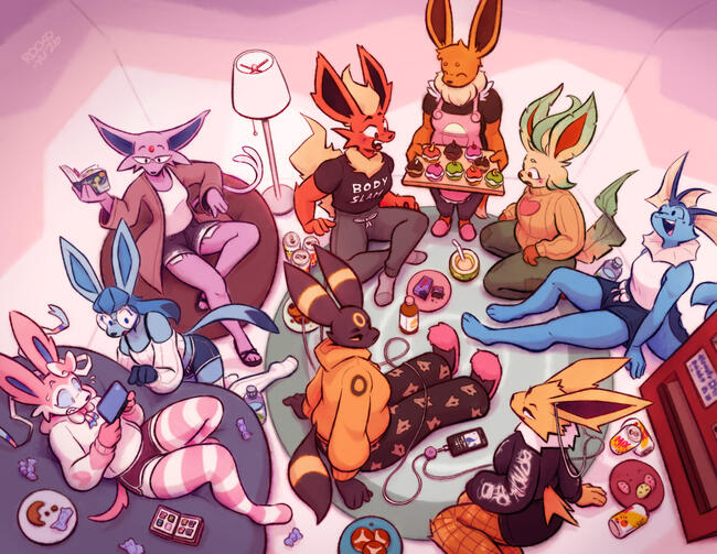 ladies' night A room full of casually dressed anthro Eeveelution gals, hanging out with snacks and drinks.