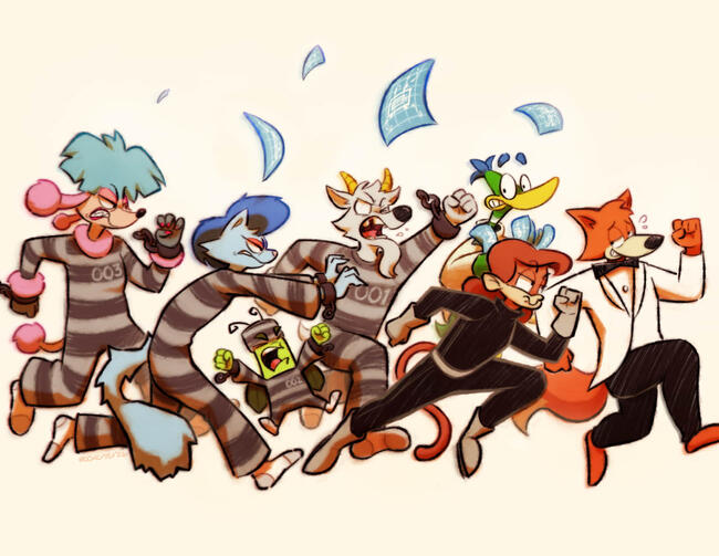 spy fox The Spy Fox villains - William the Kid, Napoleon LeRoach, Russian Blue, and Poodles Galore - all donned in striped prison suits and loose shackles, angrily clamoring and giving chase to the Spy Corps trio. In the lead, a mildly embarrassed Spy Fox smiles