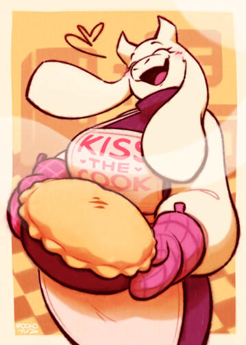 A delighted Toriel, presenting a steaming, freshly baked pie. She is in her home kitchen, wearing a pair of oven mitts and a “Kiss The Cook” apron.