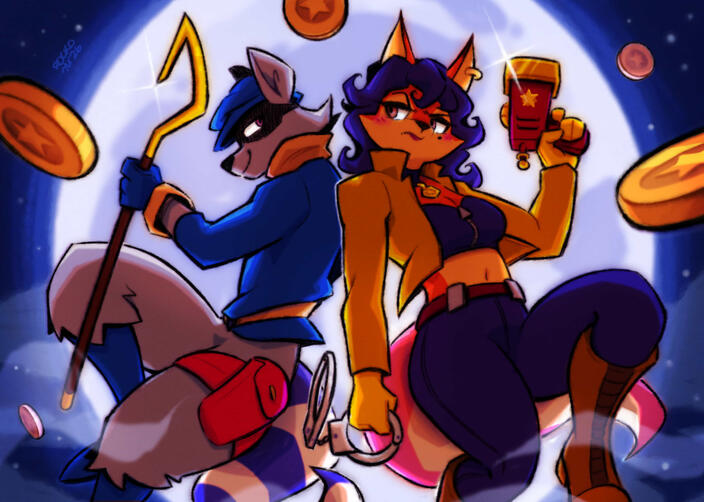 Sly Cooper, the thief, and Carmelita Fox, the cop, with their backs turned to each other. The moon and stars glow behind them, gold coins littered throughout the air.