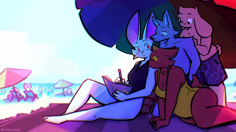 Lacy at the beach, drawing in her sketchbook while her friends crowd around her curiously to watch. It is a bright, sunny day as they all huddle underneath a large, colorful umbrella.
