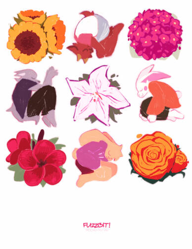 A three-by-three of flowers and fuzzy friends.